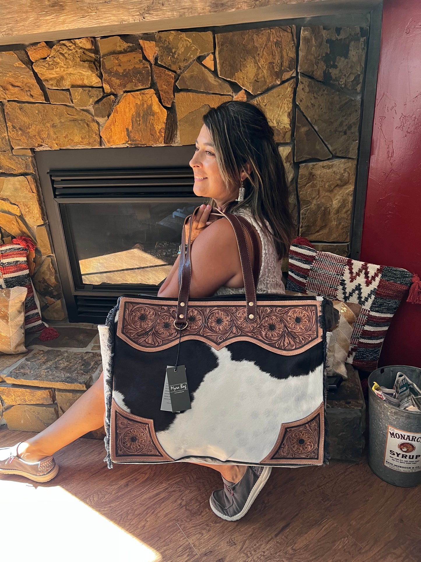 Myra Bag Cowhide Floral Tooled Leather Canvas Carry-on Travel Weekender Tote
