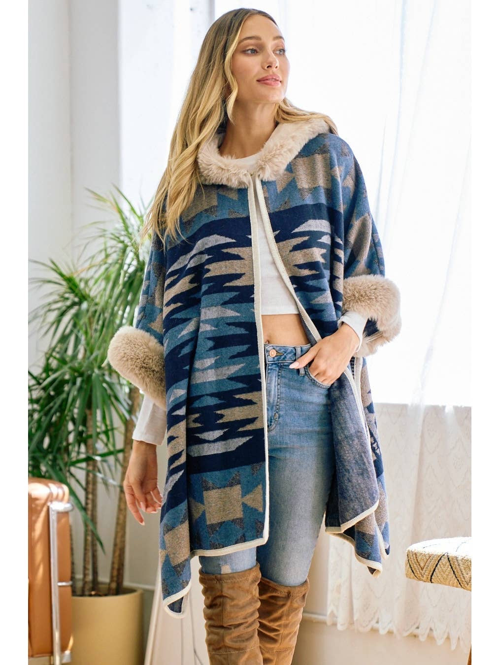 Boho Western Hooded Fur Aztec Poncho