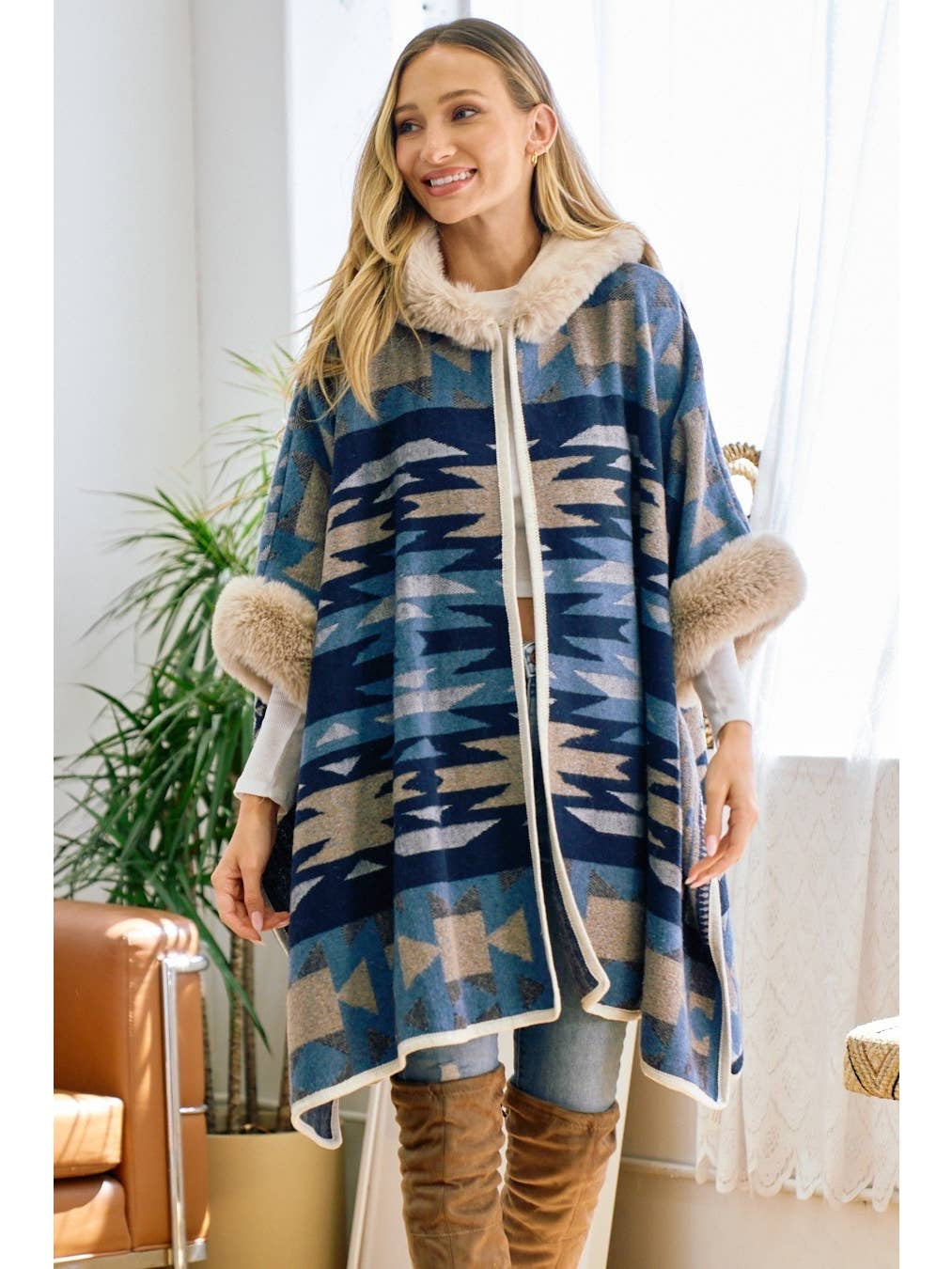 Boho Western Hooded Fur Aztec Poncho