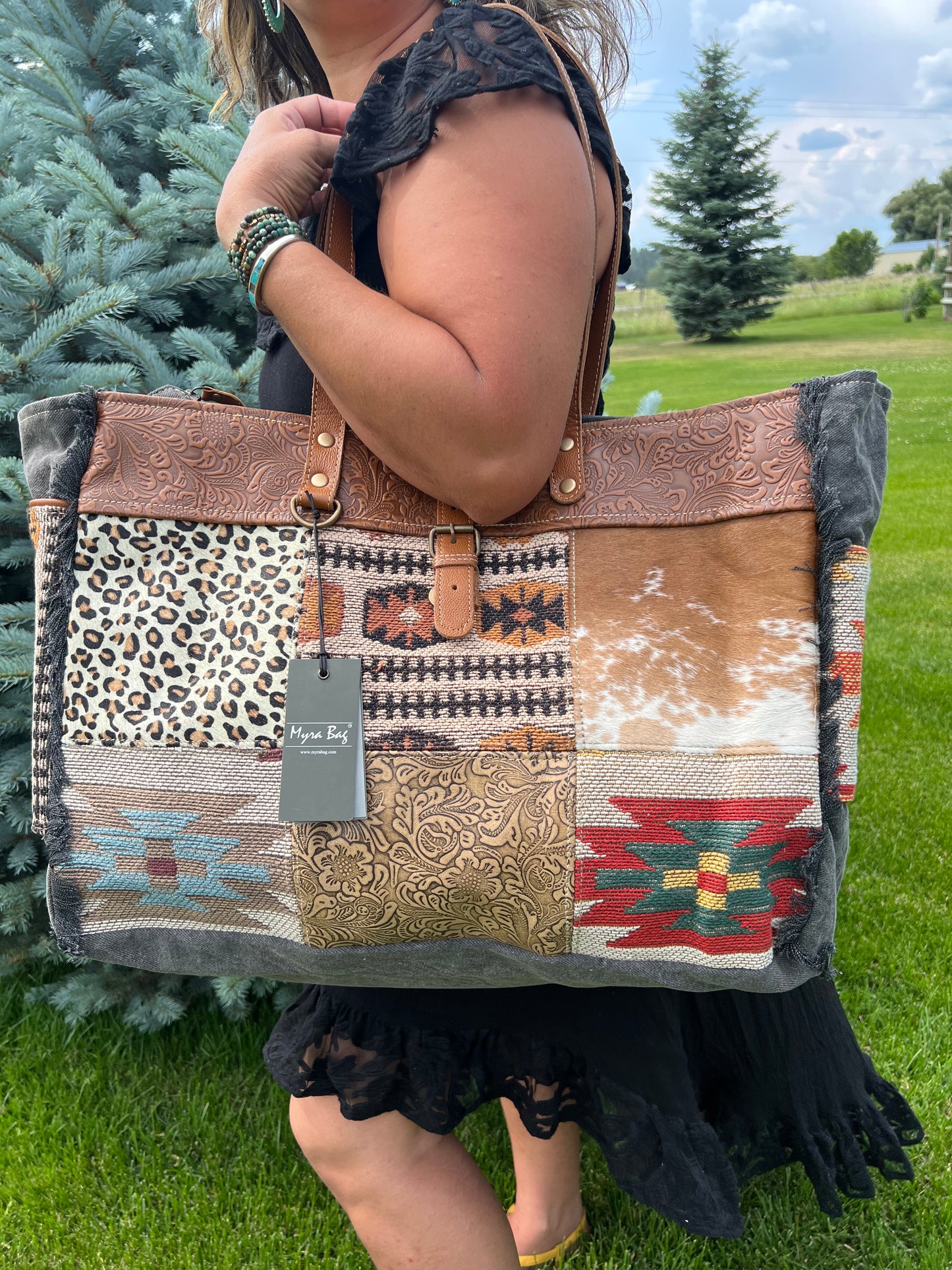 Myra Bag Boho Academeia Cowhide Leather Rug Canvas Carry-on Travel Duffel Tote