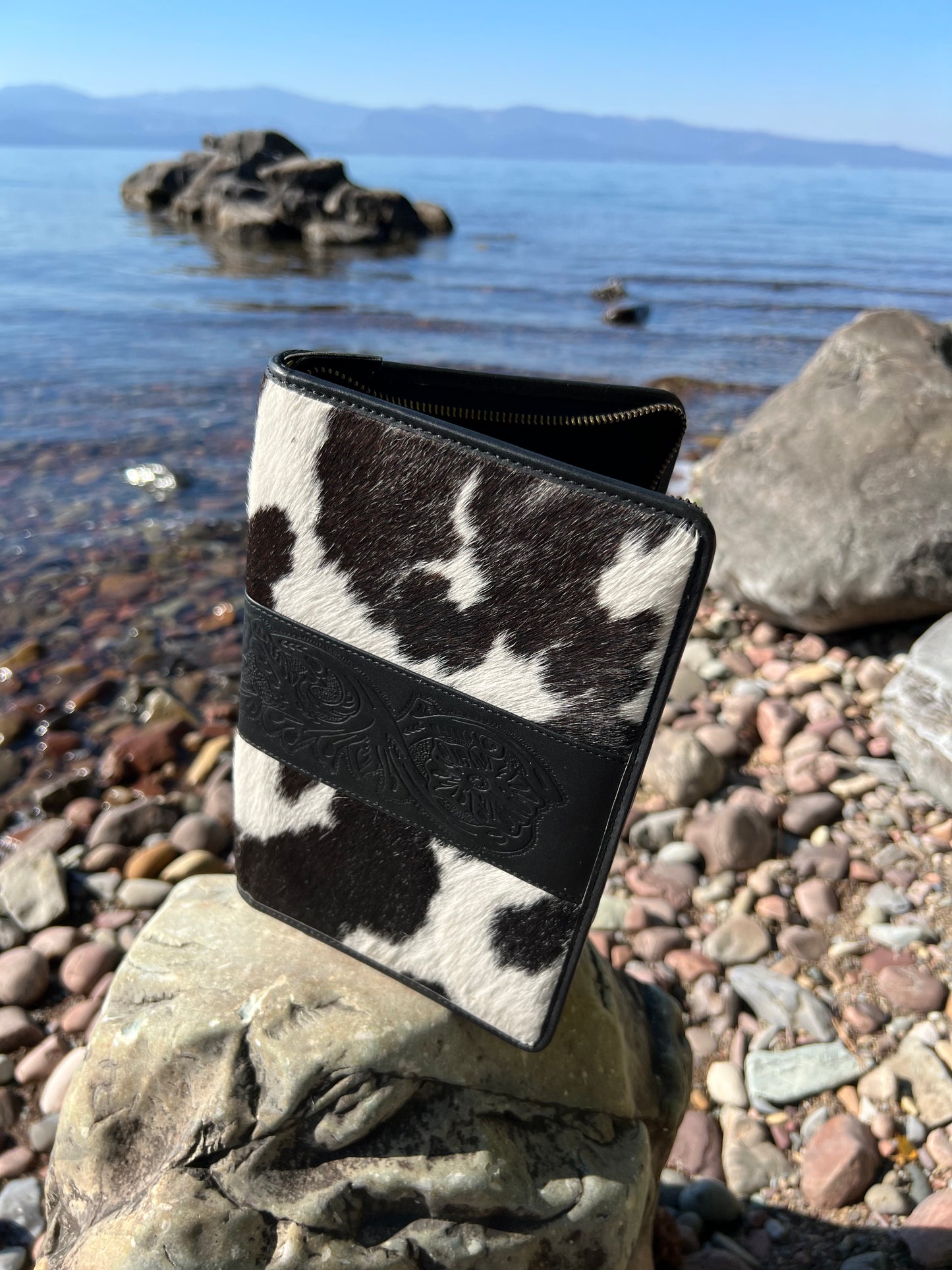 Cowhide & Embossed leather small jewelry travel case holder