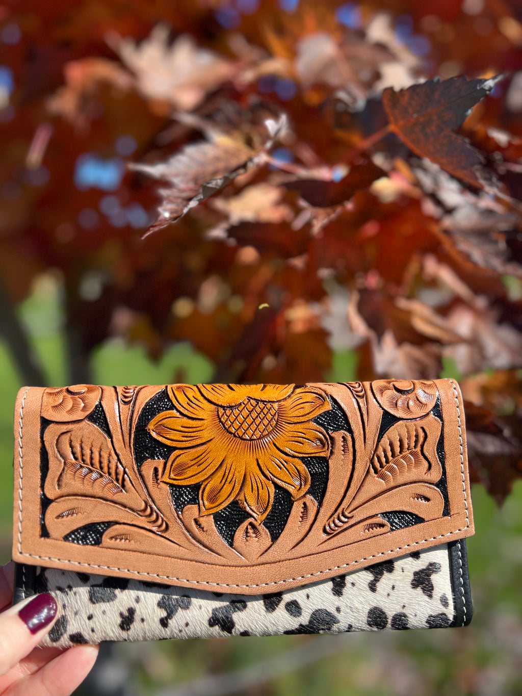 Sunflower Handcrafted Tooled leather & dalmation genuine cowhide womens wallet