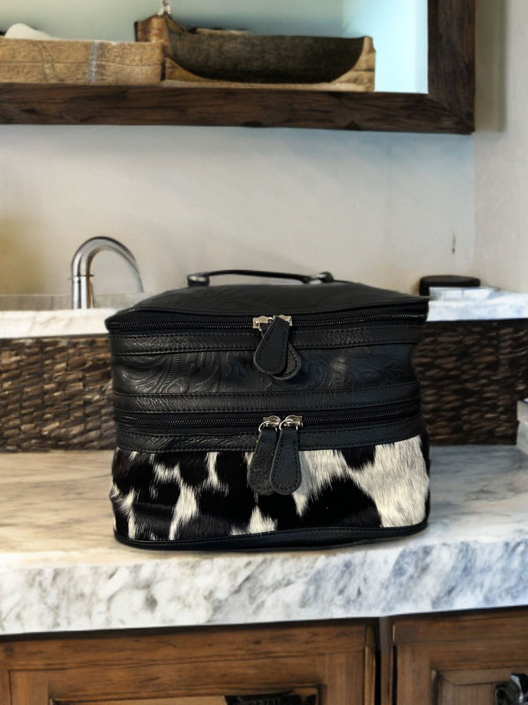 Embossed Leather & Genuine Cowhide Make-up cosmetic travel bag case