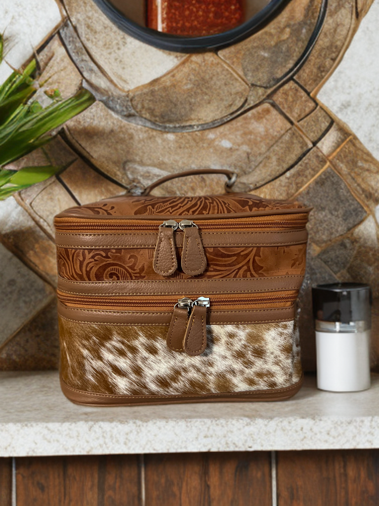 Embossed Leather & Genuine Cowhide Make-up cosmetic travel bag case