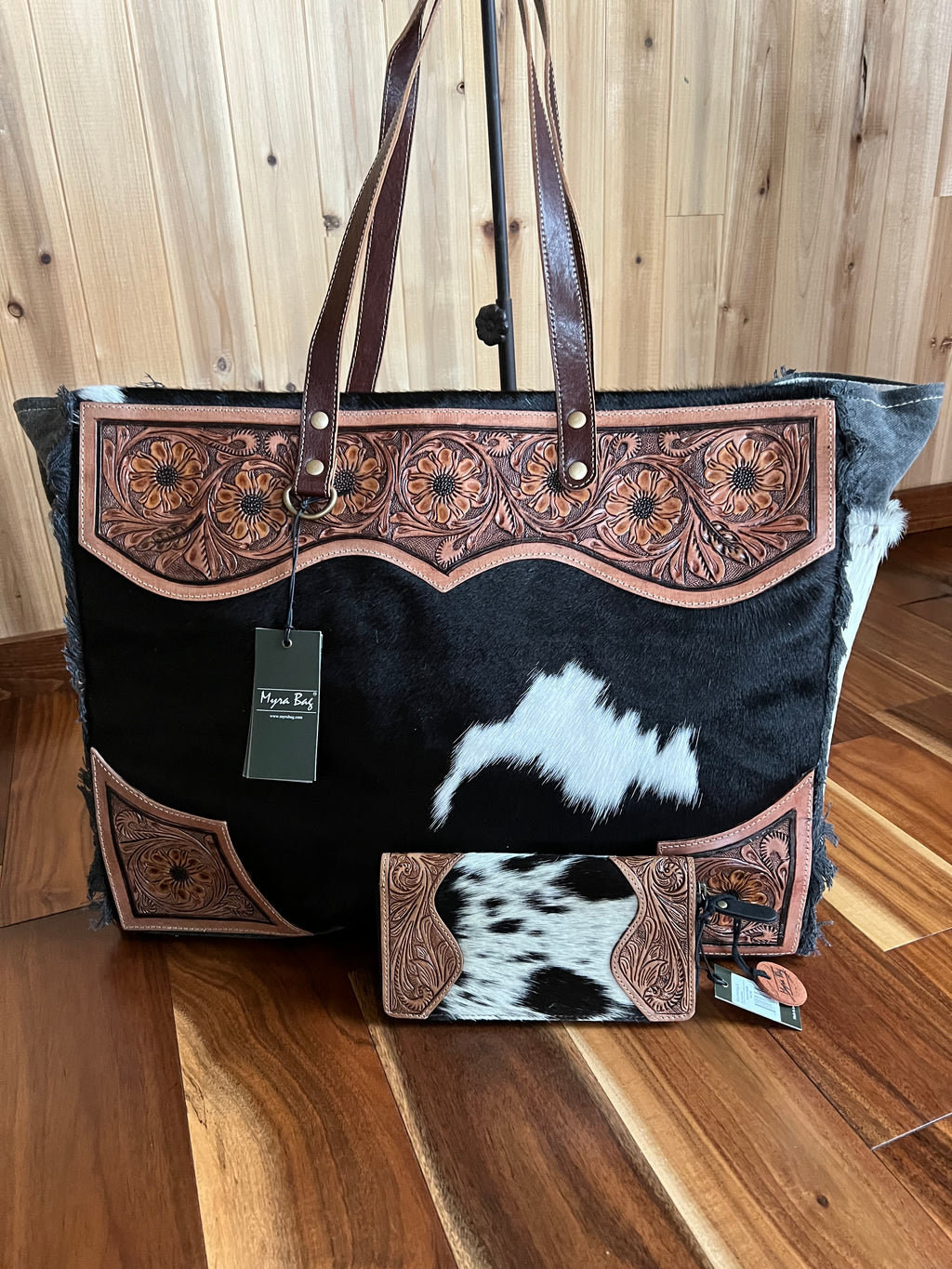 Myra Bag Cowhide Floral  Tooled Leather Canvas Carry-on Travel Weekender Tote