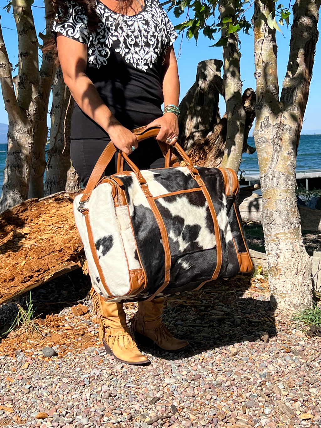 Myra Bag Cowhide Hair-On Grand Duffel Extra Large Unisex Weekender Travel Bag