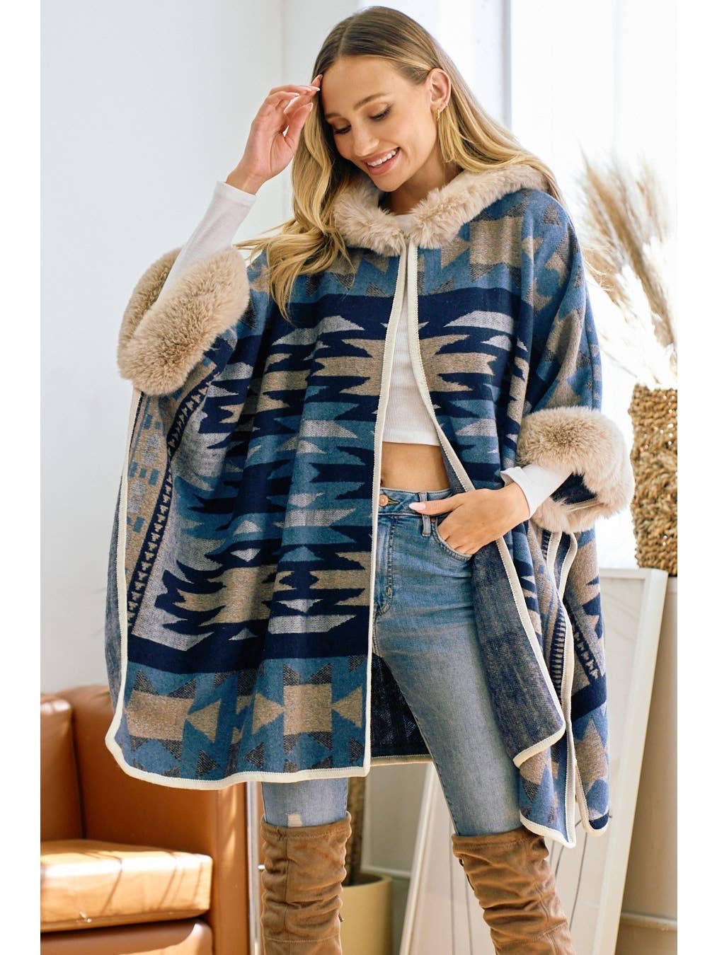 Boho Western Hooded Fur Aztec Poncho