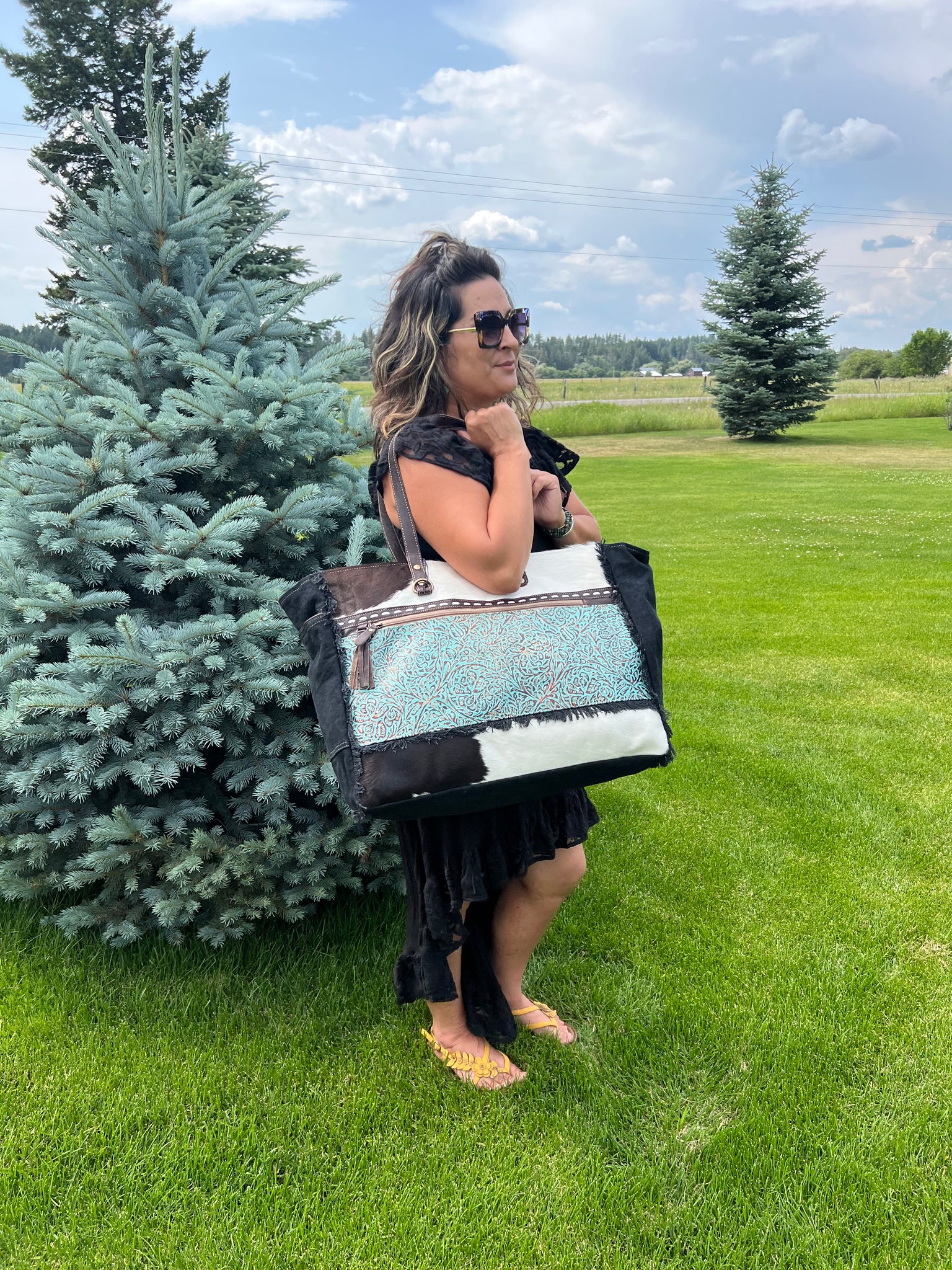 Myra Bag Cowhide & EMBOSSED Leather Canvas Carry-on Travel Weekender Tote