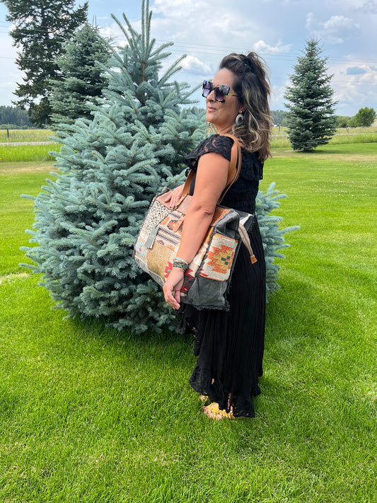Myra Bag Boho Academeia Cowhide Leather Rug Canvas Carry-on Travel Duffel Tote