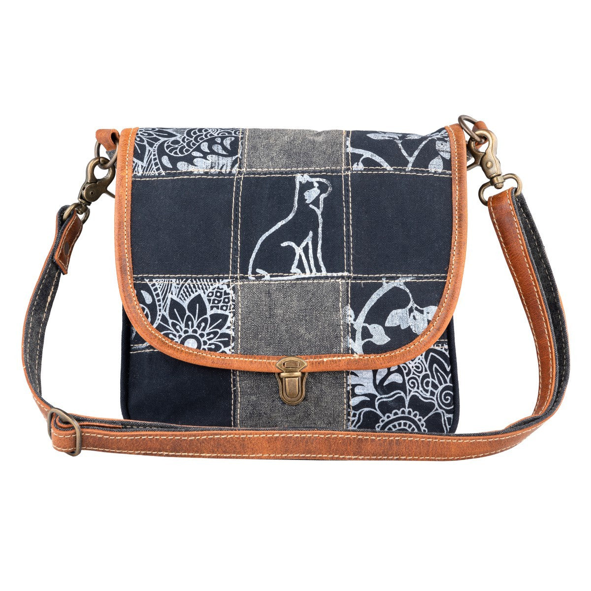 Caturday Crossbody Bag Upcycled Canvas and Leather