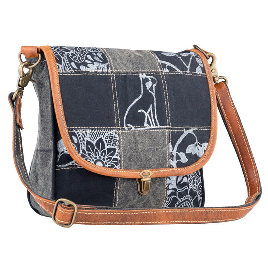 Caturday Crossbody Bag Upcycled Canvas and Leather