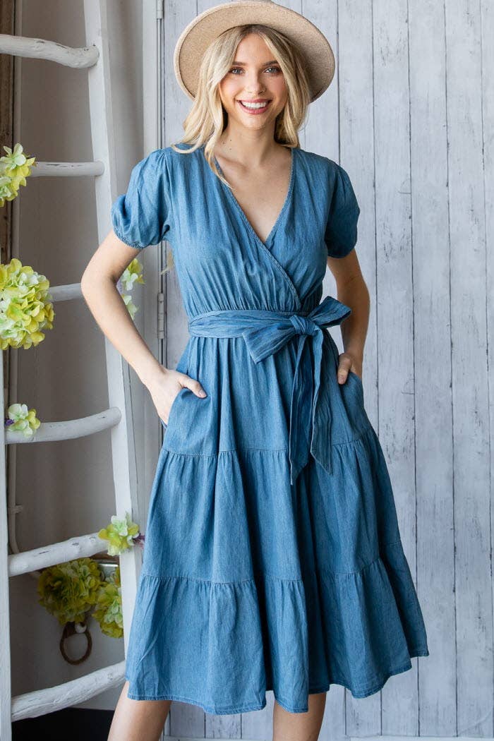 Tiered Chambray belted dress