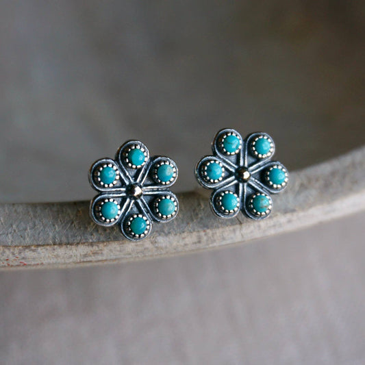 Genuine Turquoise Iris Stud Earrings .925 Silver