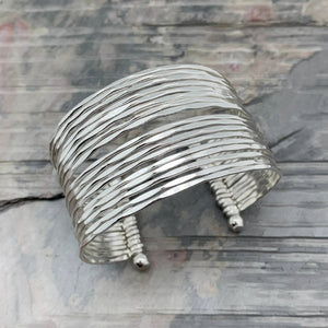 Silver Plated Adjustable Cuff Bracelet - Hammered Bands