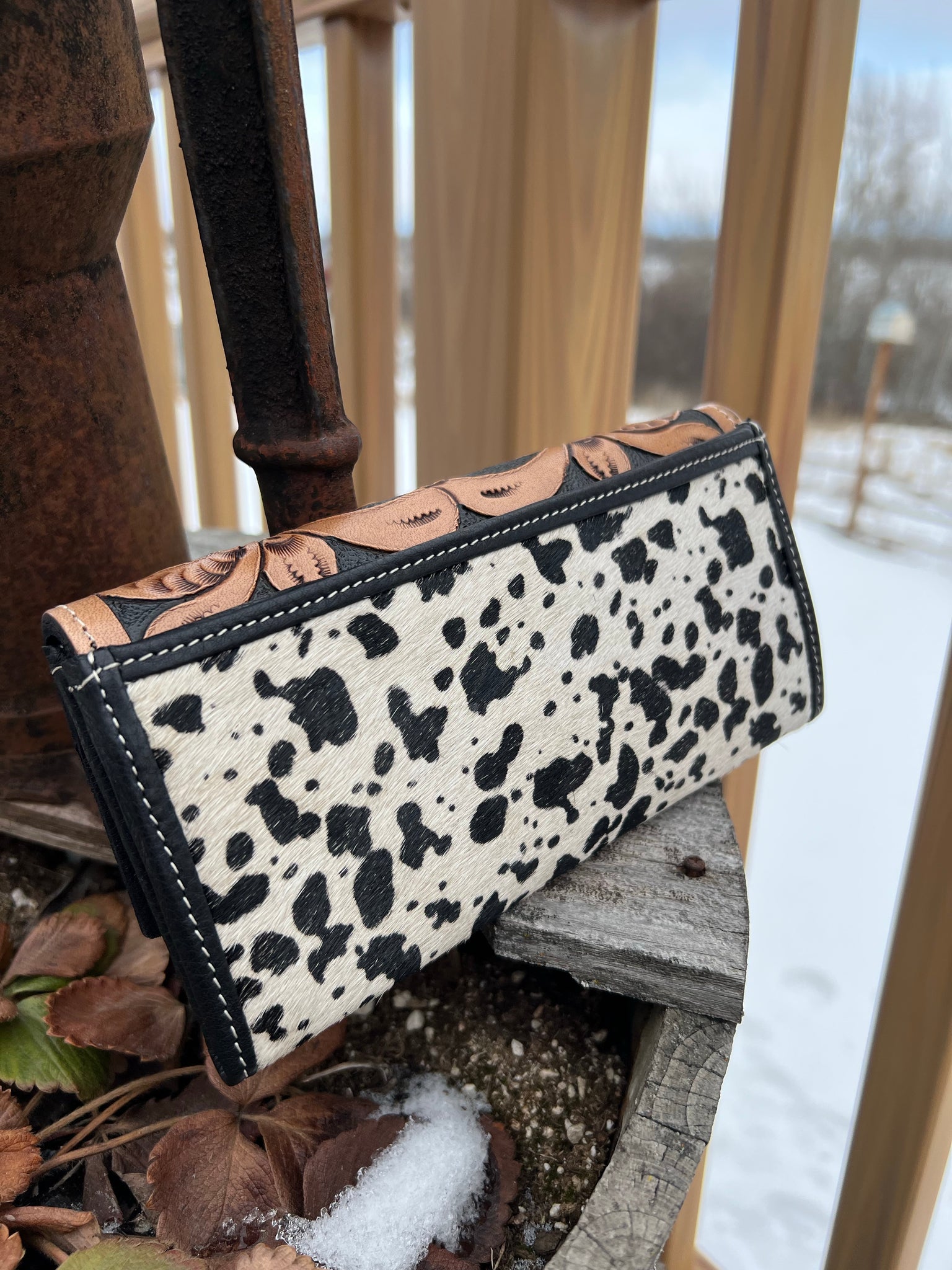 Sunflower Handcrafted Tooled leather & dalmation genuine cowhide womens wallet